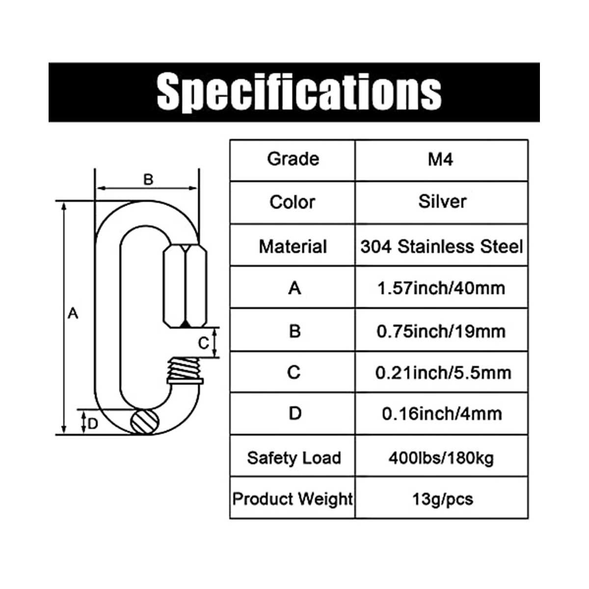 Carabiner Locking D - Confezione da 12 maglie a catena